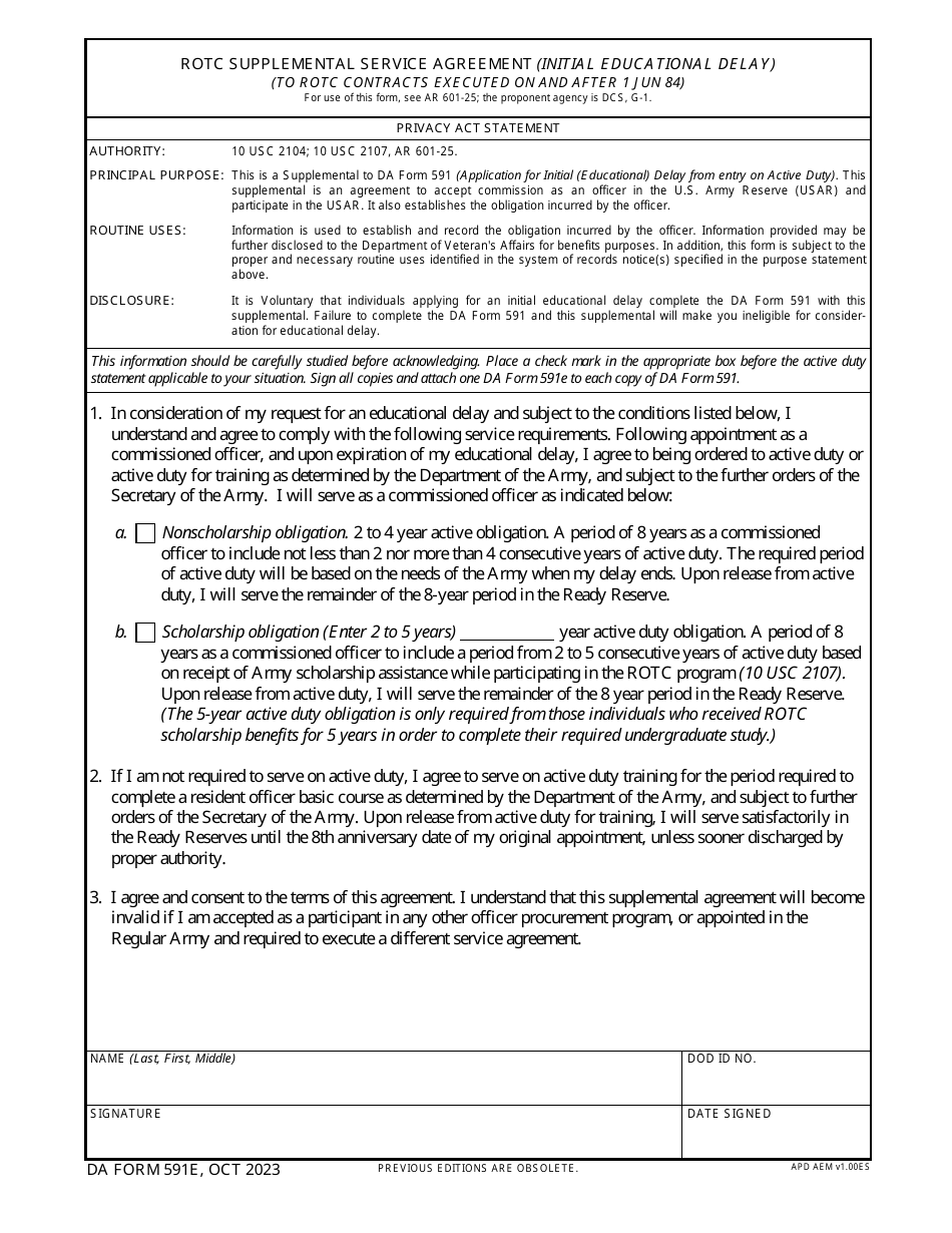 DA Form 591E Rotc Supplemental Service Agreement (Initial Educational Delay), Page 1