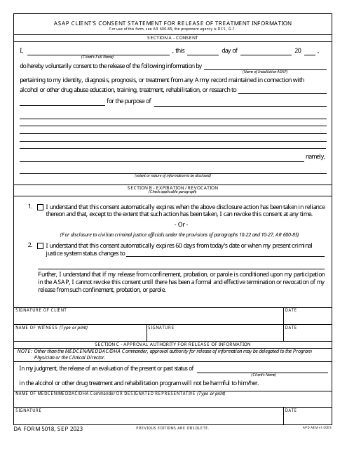 DA Form 5018 Asap Client's Consent Statement for Release of Treatment Information