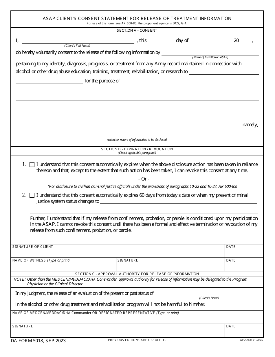DA Form 5018 Asap Clients Consent Statement for Release of Treatment Information, Page 1