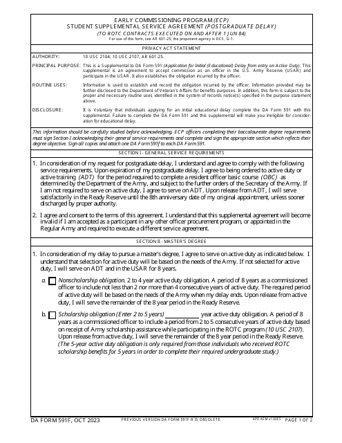 DA Form 591F Student Supplemental Service Agreement (Postgraduate Delay) - Early Commissioning Program (Ecp)