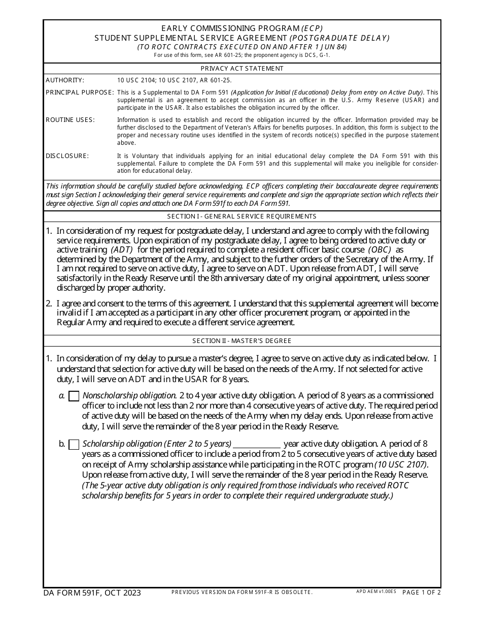 DA Form 591F Student Supplemental Service Agreement (Postgraduate Delay) - Early Commissioning Program (Ecp), Page 1