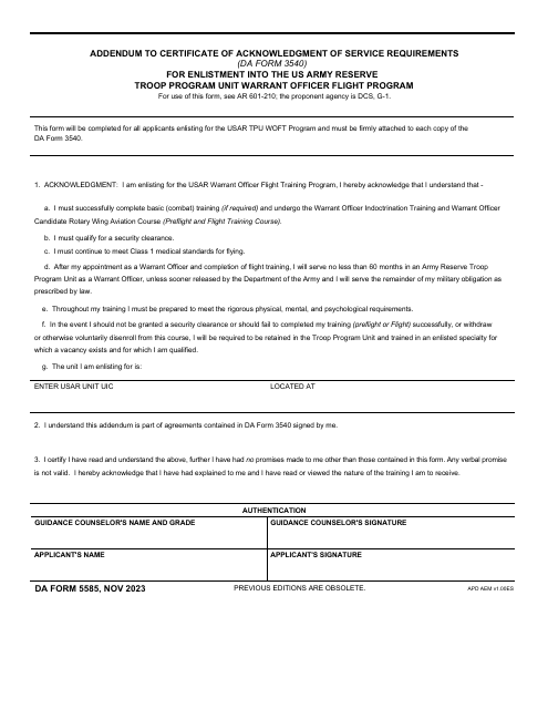 DA Form 5585 Addendum to Certificate of Acknowledgement of Service Requirements (DA Form 3540) for Enlistment Into the US Army Reserve Troop Program Unit Warrant Officer Flight Program