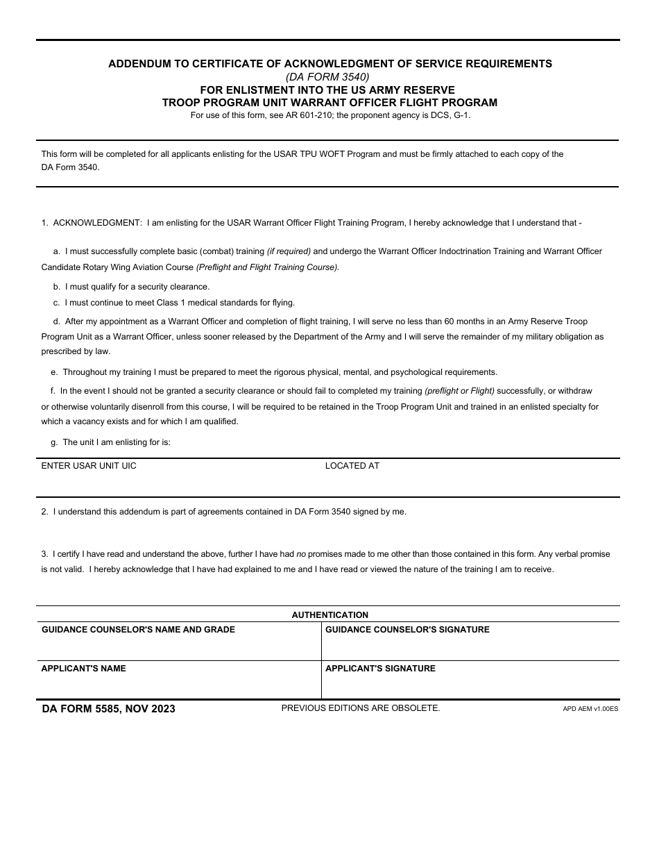 DA Form 5585 Addendum to Certificate of Acknowledgement of Service Requirements (DA Form 3540) for Enlistment Into the US Army Reserve Troop Program Unit Warrant Officer Flight Program, Page 1