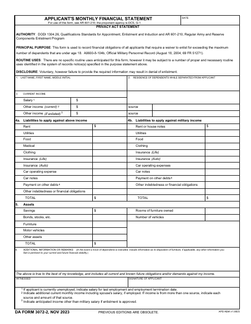 DA Form 3072-2 Applicant's Monthly Financial Statement