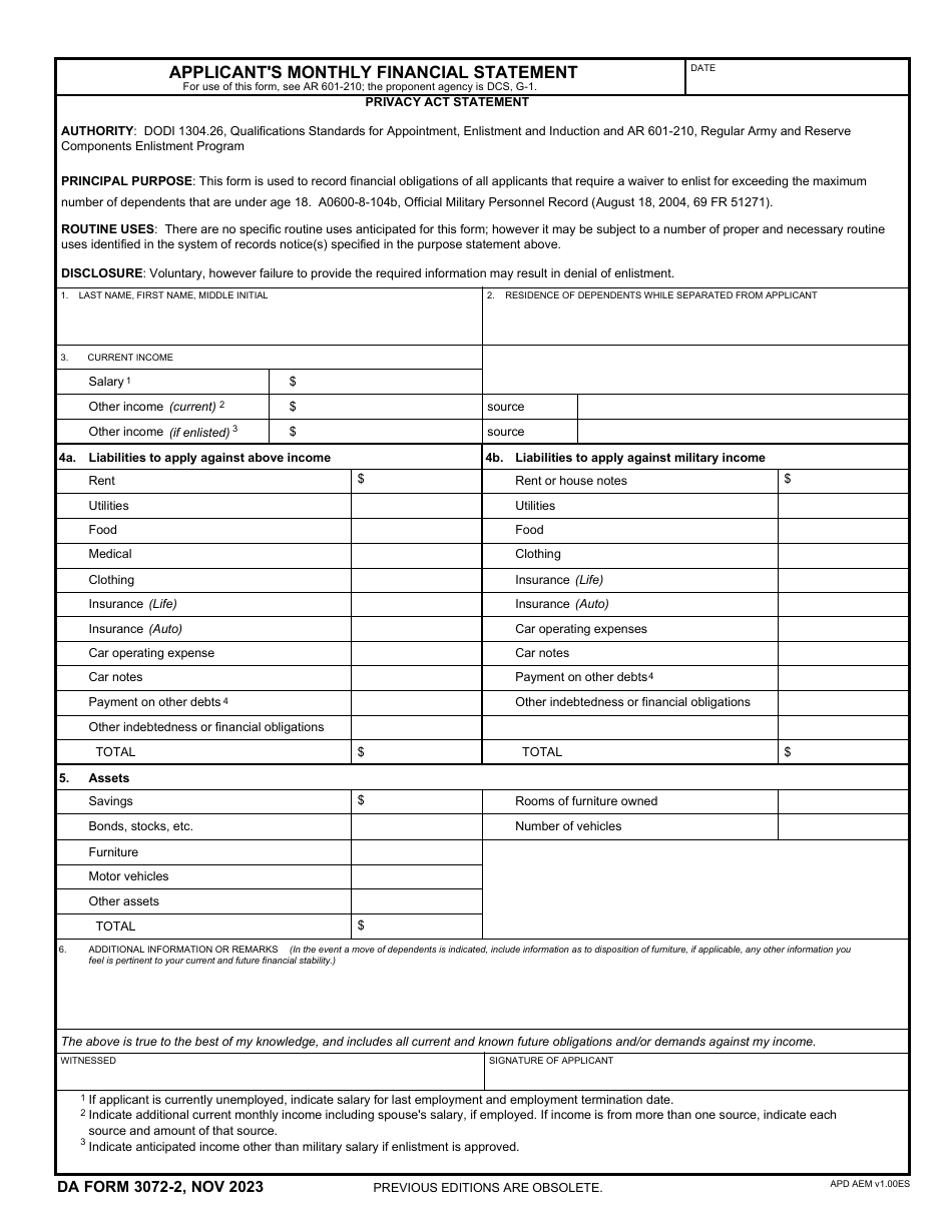 Da Form 3072 2 Download Fillable Pdf Or Fill Online Applicants Monthly Financial Statement 7672