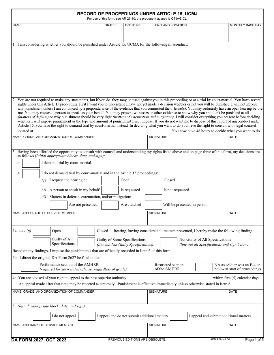 DA Form 2627 Download Fillable PDF or Fill Online Record of Proceedings ...