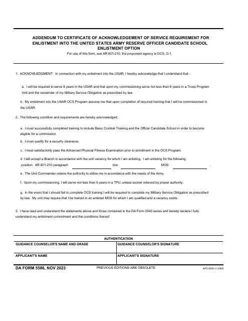DA Form 5586 Addendum to Certificate of Acknowledge of Service Requirement for Enlistment Into the United States Army Reserve Officer Candidate School Enlistment Option