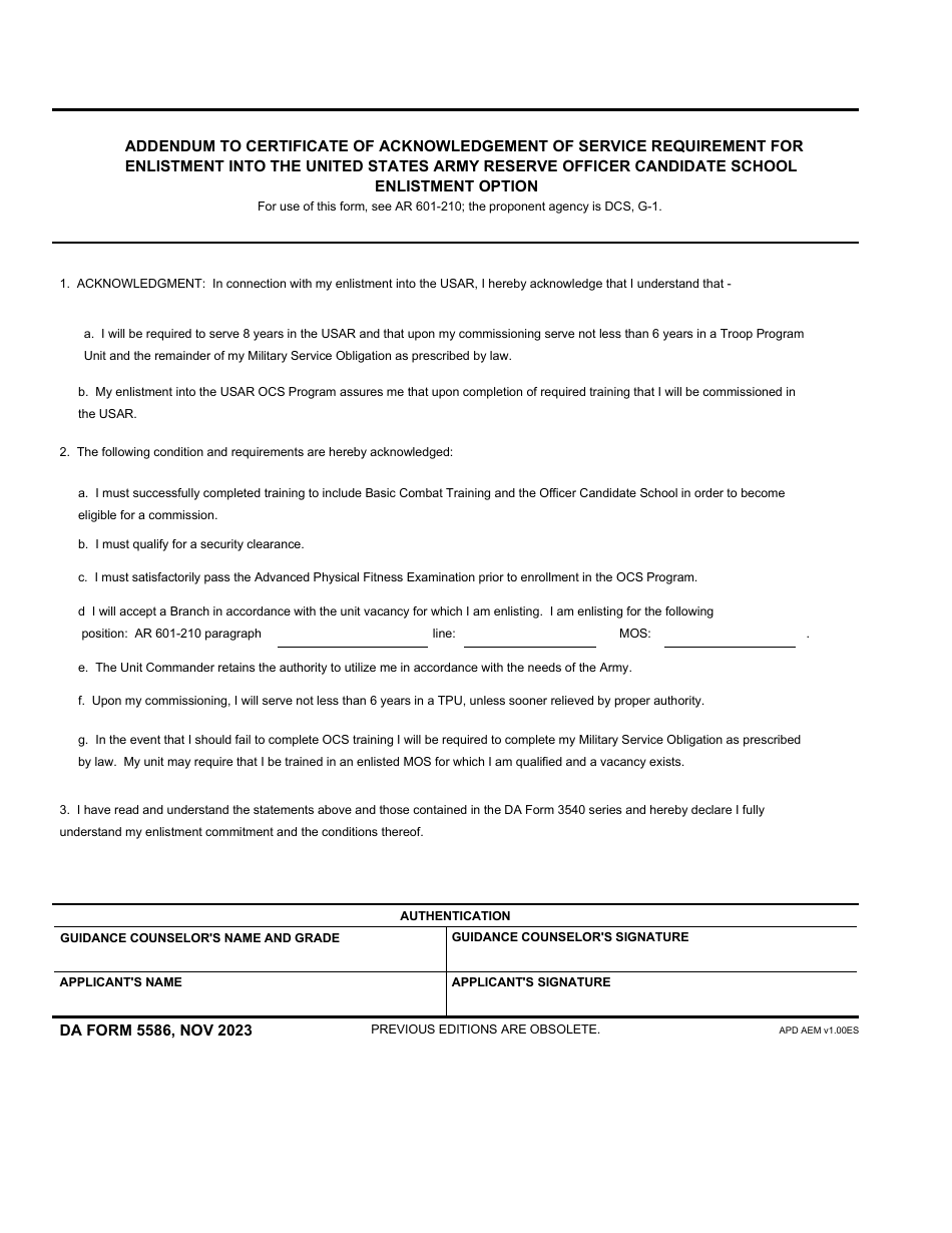 DA Form 5586 Addendum to Certificate of Acknowledge of Service Requirement for Enlistment Into the United States Army Reserve Officer Candidate School Enlistment Option, Page 1