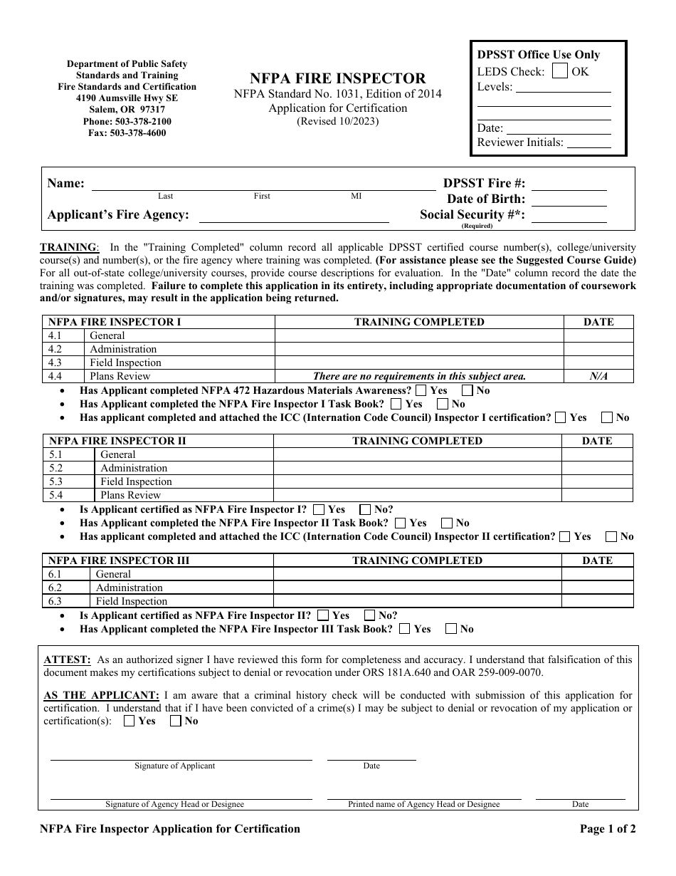 Oregon NFPA Fire Inspector Application for Certification Download