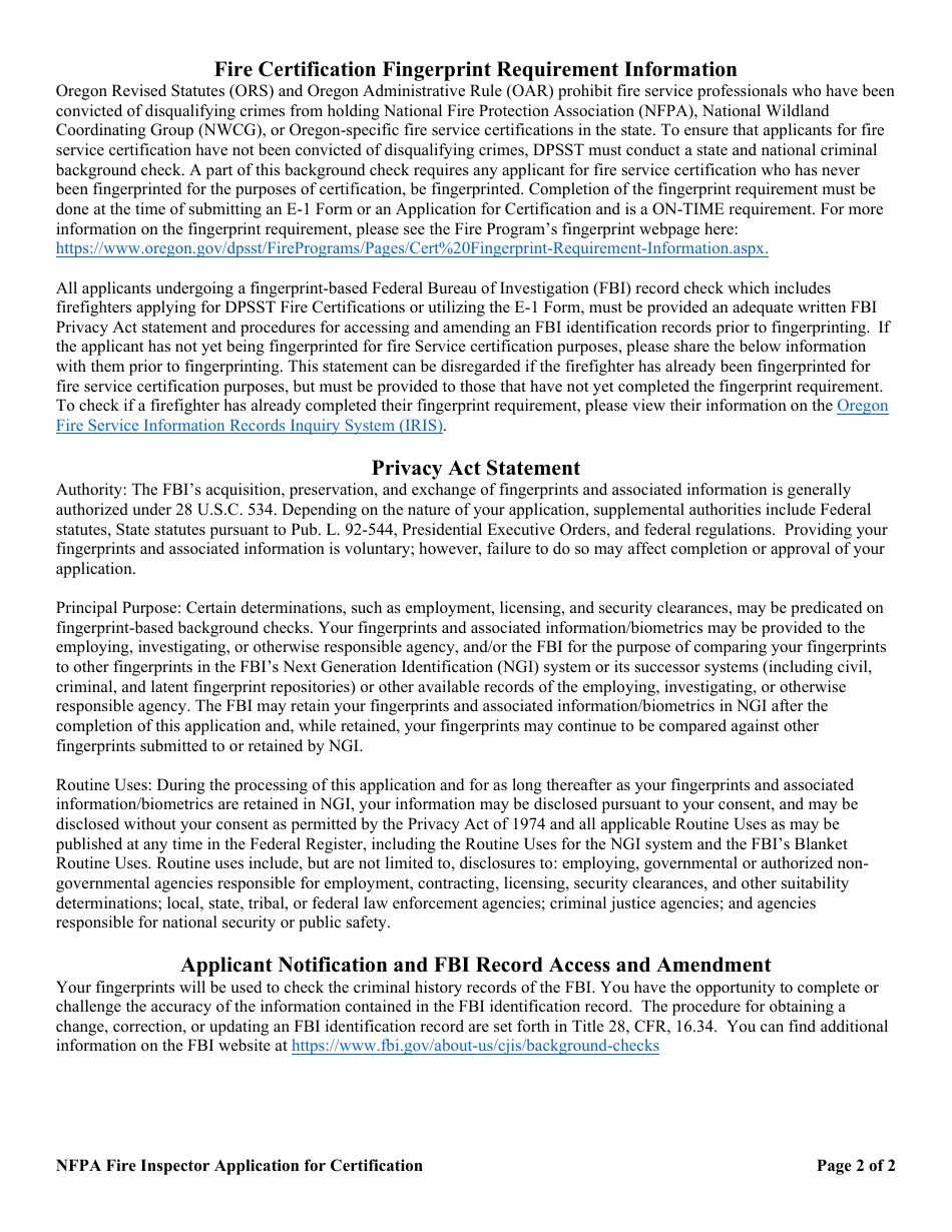 NFPA Fire Inspector Application for Certification - Oregon, Page 2