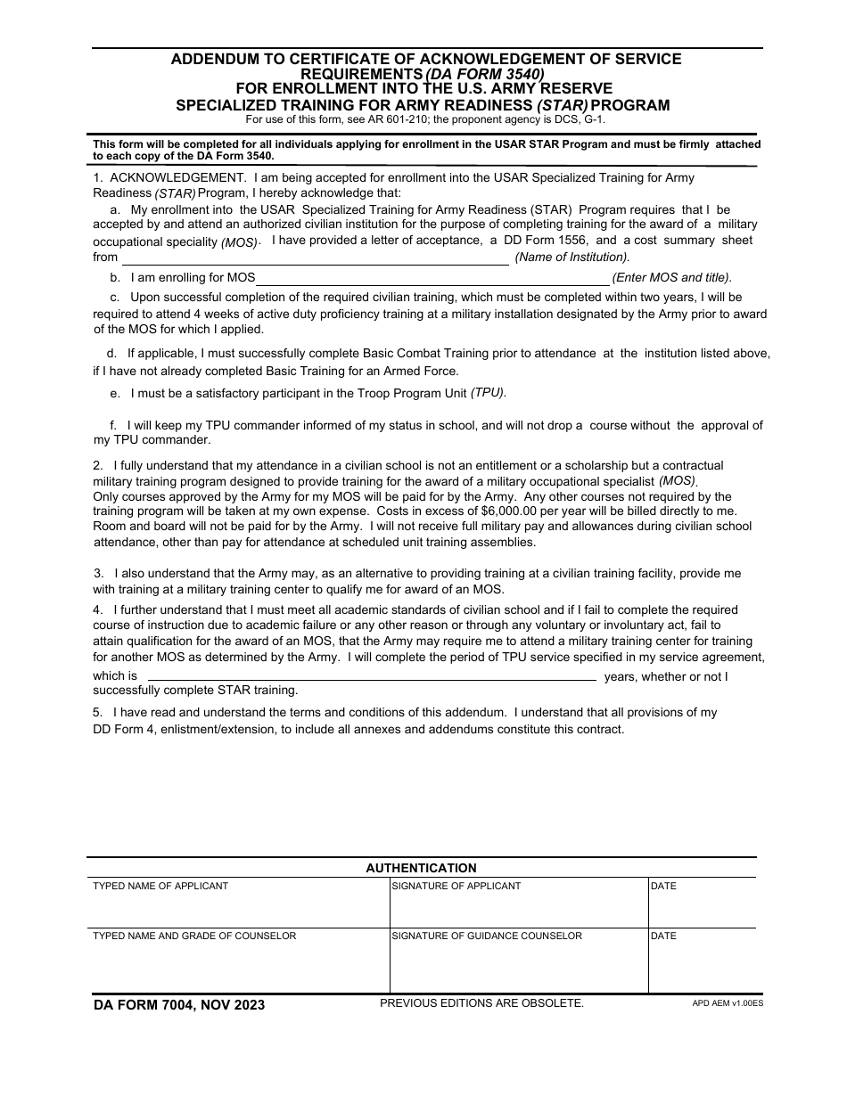 DA Form 7004 Addendum to Certificate of Acknowledgement of Service Requirements (DA Form 3540) for Enlistment Into the USAR Star Program (LRA), Page 1