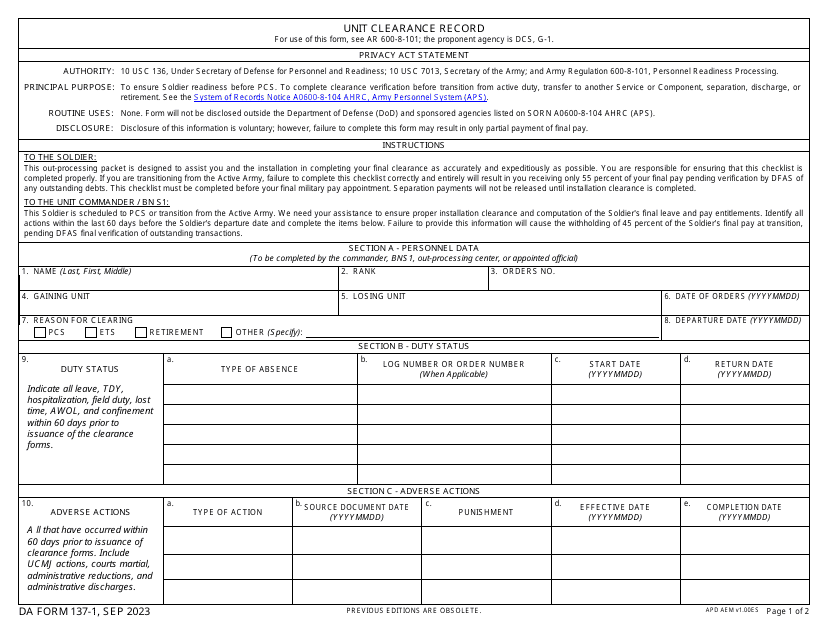 DA Form 137-1 Download Fillable PDF or Fill Online Unit Clearance Record | Templateroller