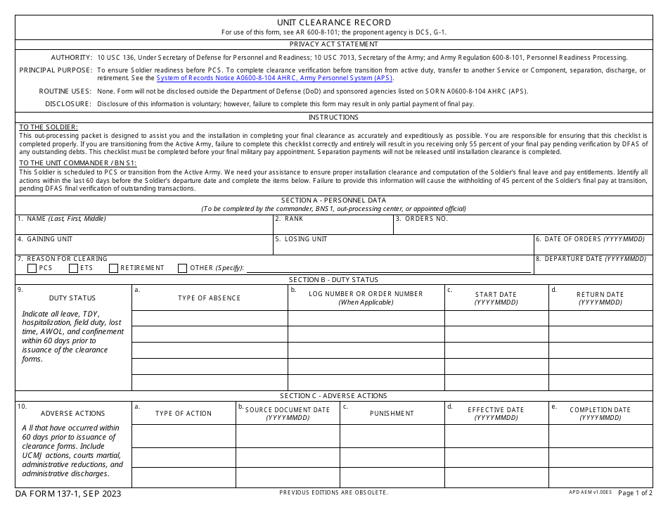 DA Form 137-1 Unit Clearance Record, Page 1