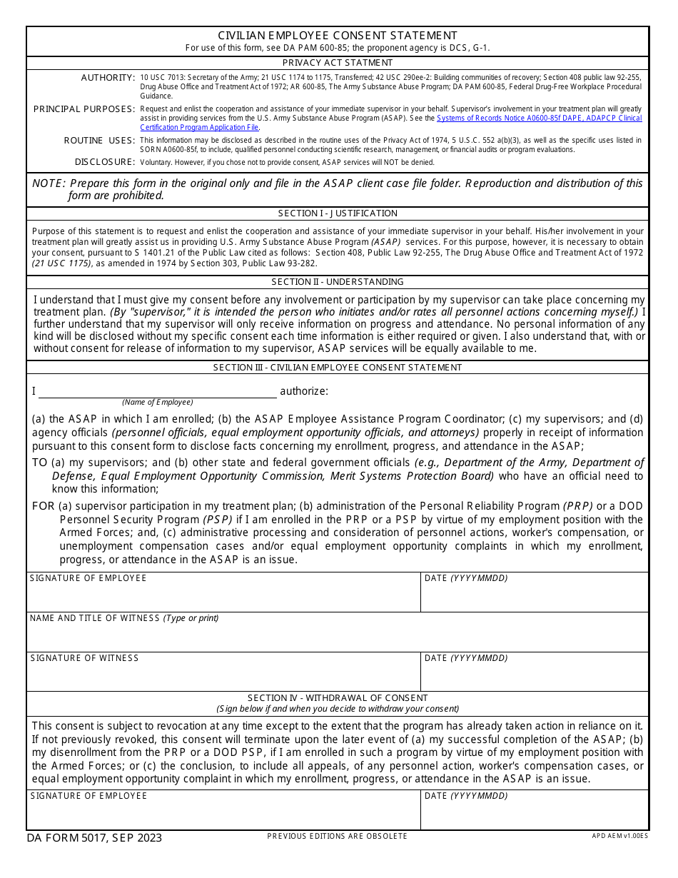 DA Form 5017 Download Fillable PDF or Fill Online Civilian Employee ...