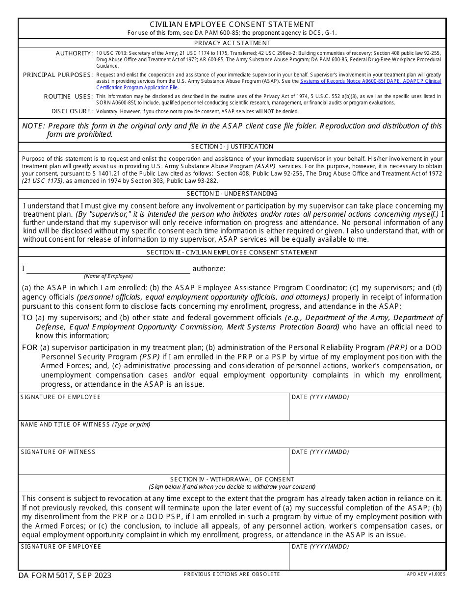 DA Form 5017 Civilian Employee Consent Statement, Page 1