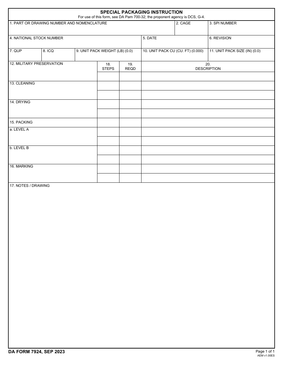 DA Form 7924 Special Packaging Instruction, Page 1