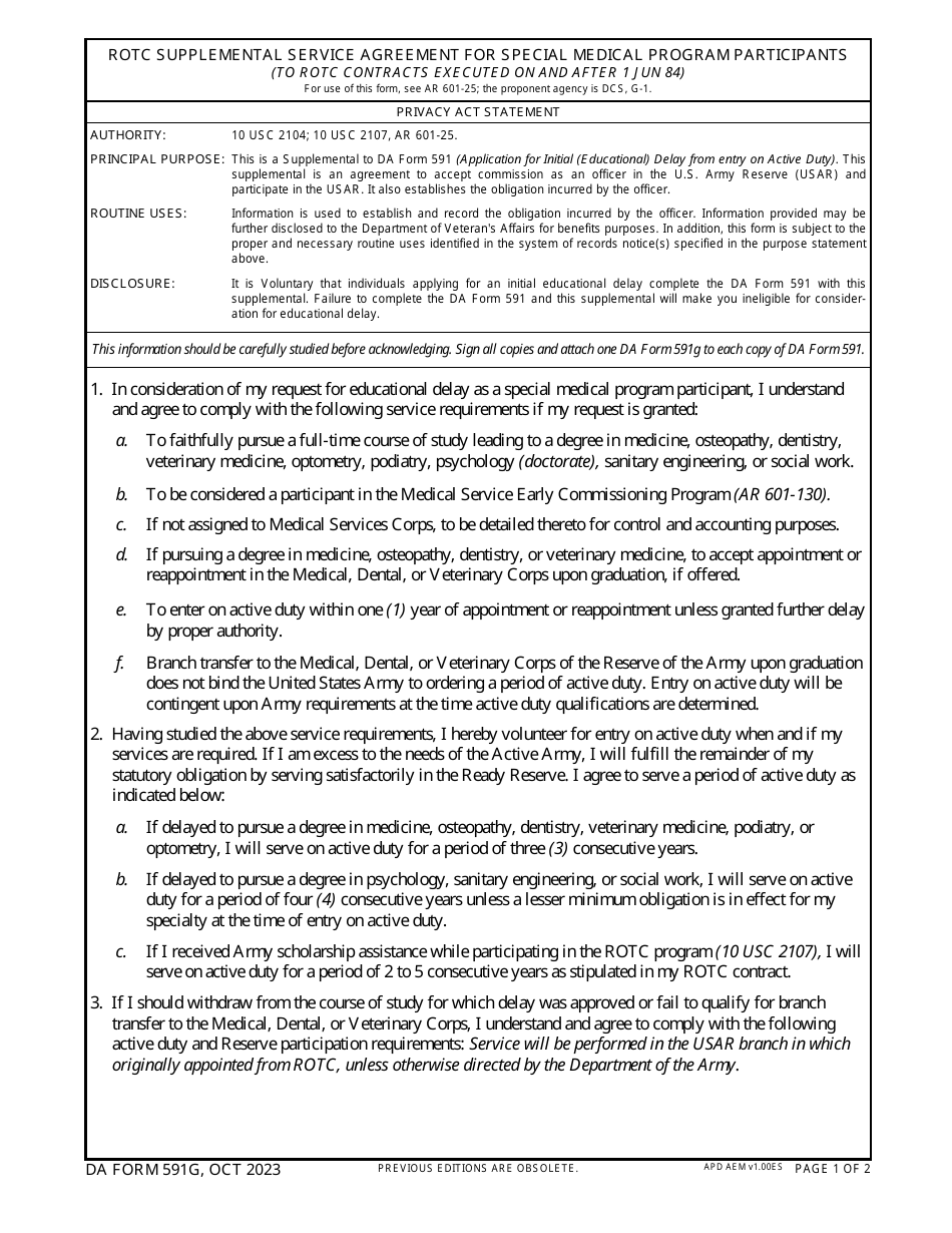 DA Form 591G Rotc Supplemental Service Agreement for Special Medical Program Participants (To Rotc Contracts Executed on and After 1 Jun 84), Page 1
