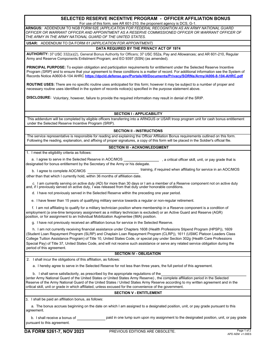 DA Form 5261-7 Selected Reserve Incentive Program - Officer Affliation Bonus, Page 1