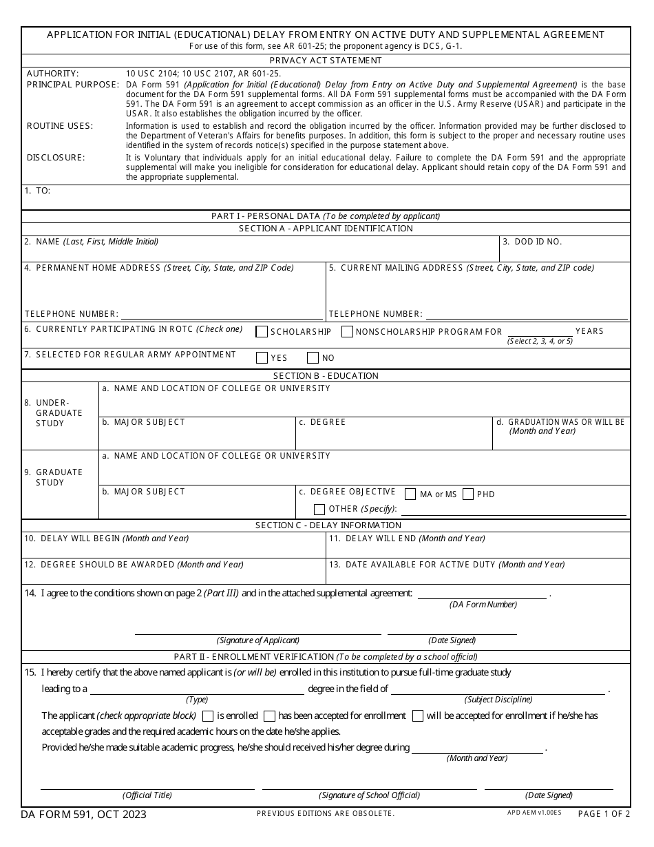 DA Form 591 Application for Initial (Educational) Delay From Entry on Active Duty and Supplemental Agreement, Page 1