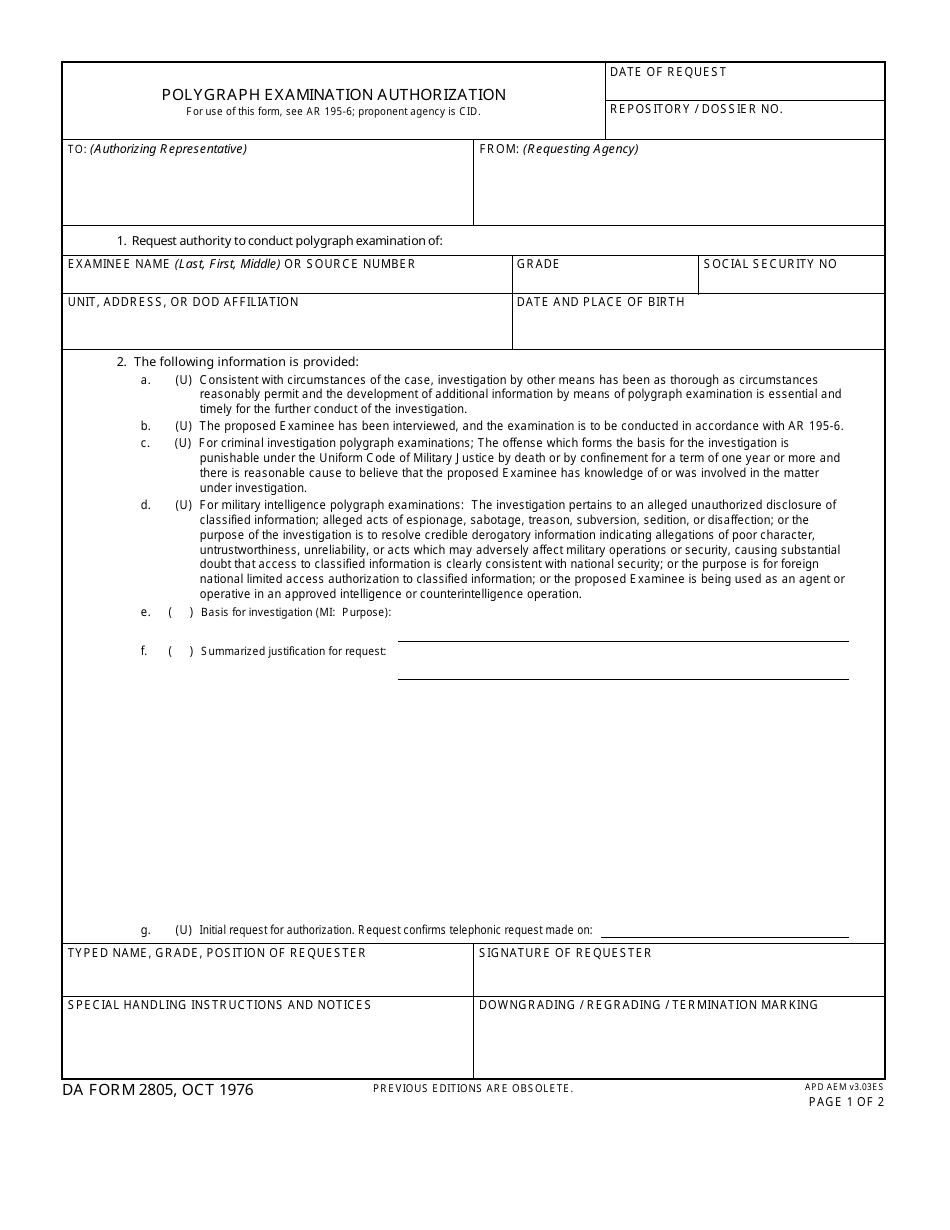 DA Form 2805 Polygraph Examination Authorization, Page 1