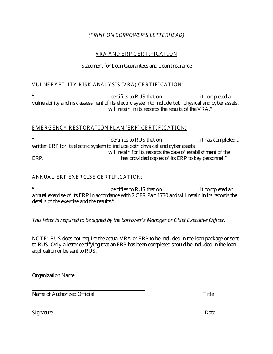 Vra and Erp Certification - Statement for Loan Guarantees and Loan Insurance, Page 1