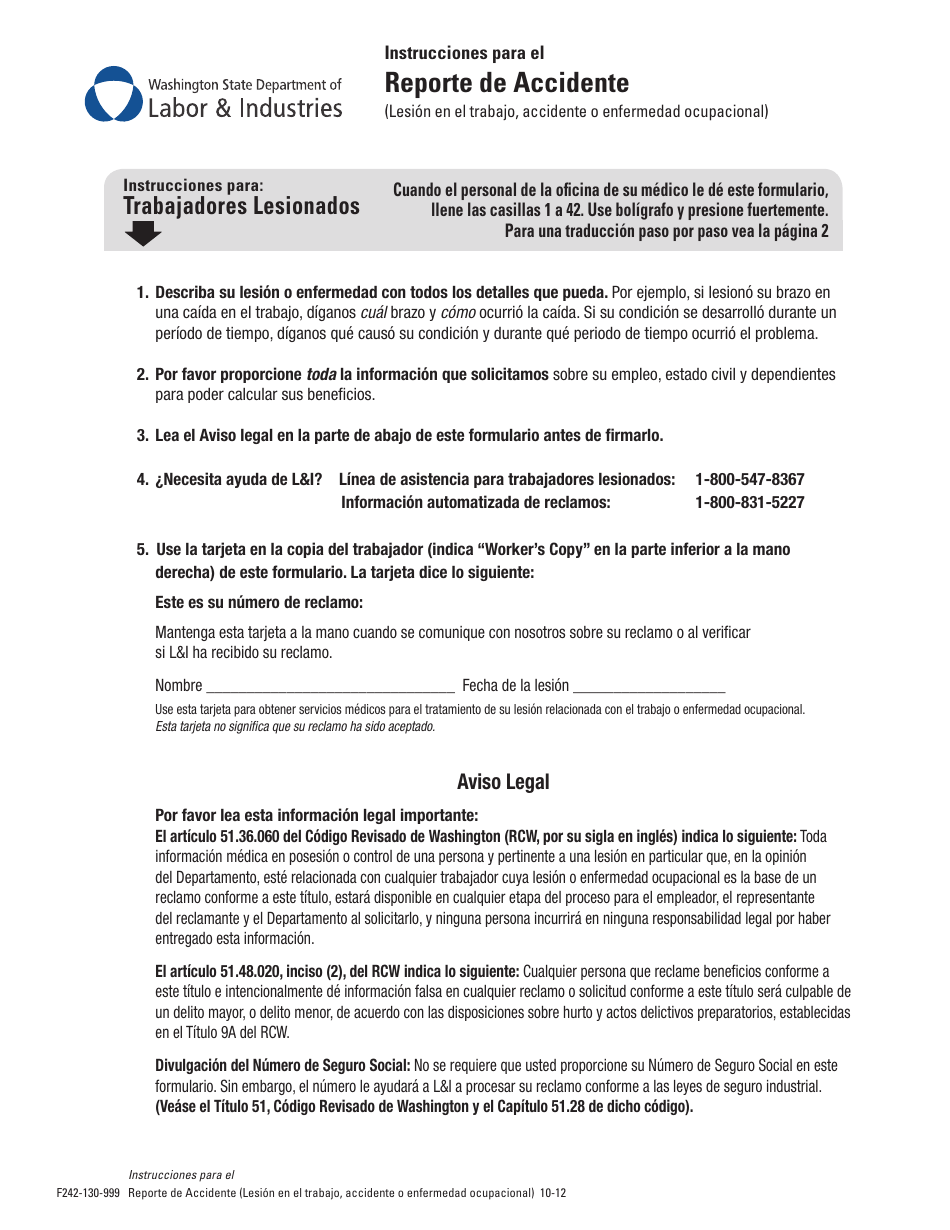 Instrucciones para Formulario F242-130-000 Report of Industrial Injury or Occupational Disease - Washington (Spanish), Page 1