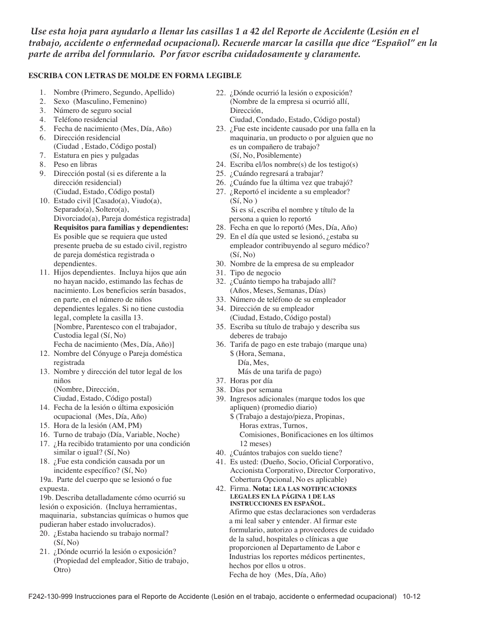 Instrucciones para Formulario F242-130-000 Report of Industrial Injury or Occupational Disease - Washington (Spanish), Page 3