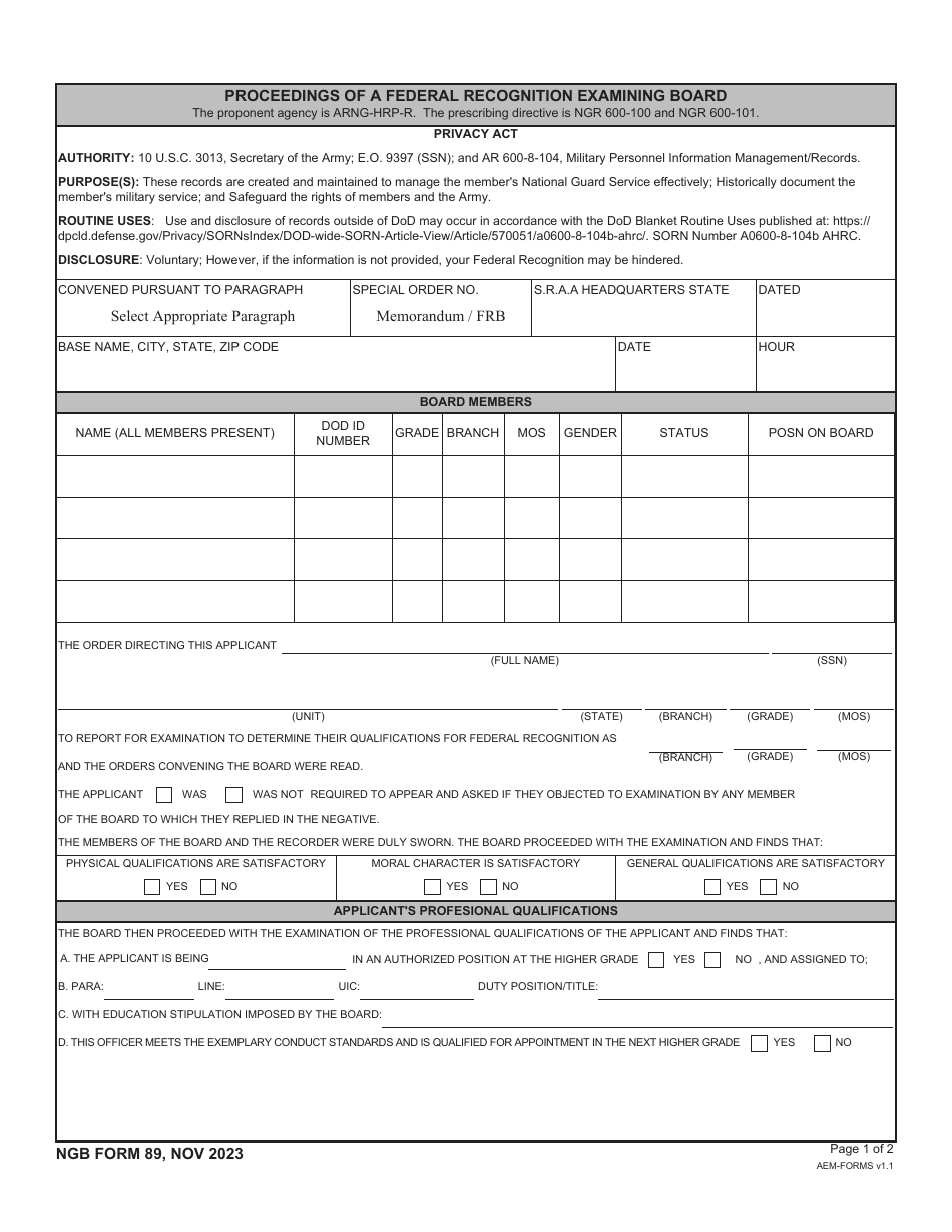 NGB Form 89 Proceedings of a Federal Recognition Examining Board, Page 1