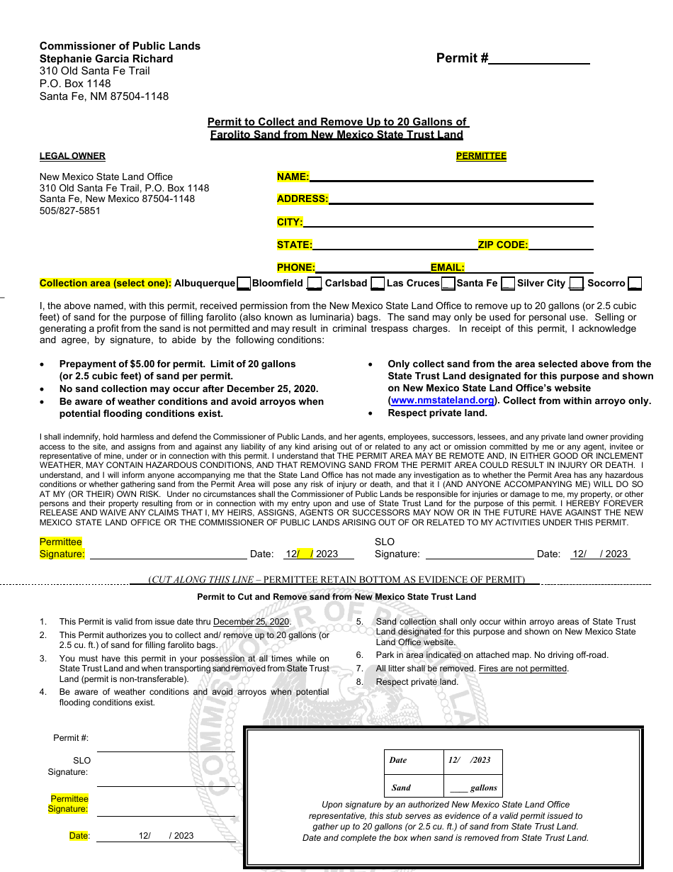 2023 New Mexico Permit to Collect and Remove up to 20 Gallons of