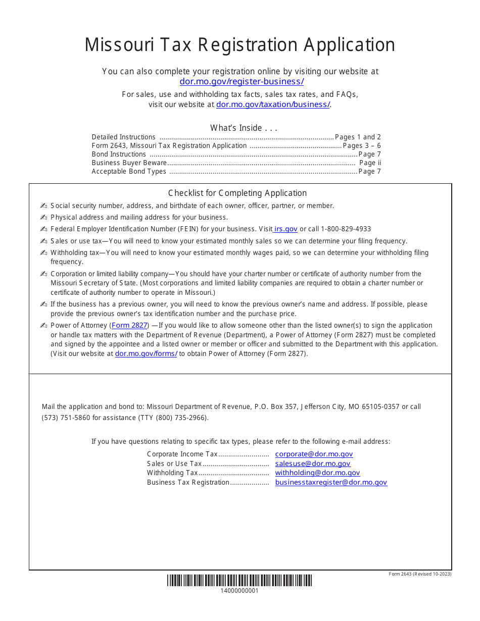 Form 2643 Missouri Tax Registration Application - Missouri, Page 1