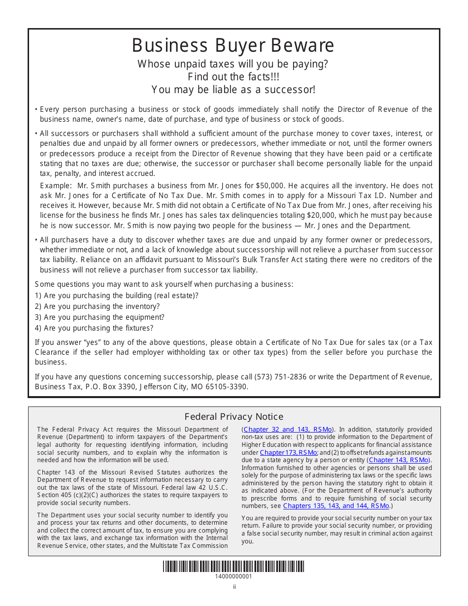Form 2643 Missouri Tax Registration Application - Missouri, Page 2