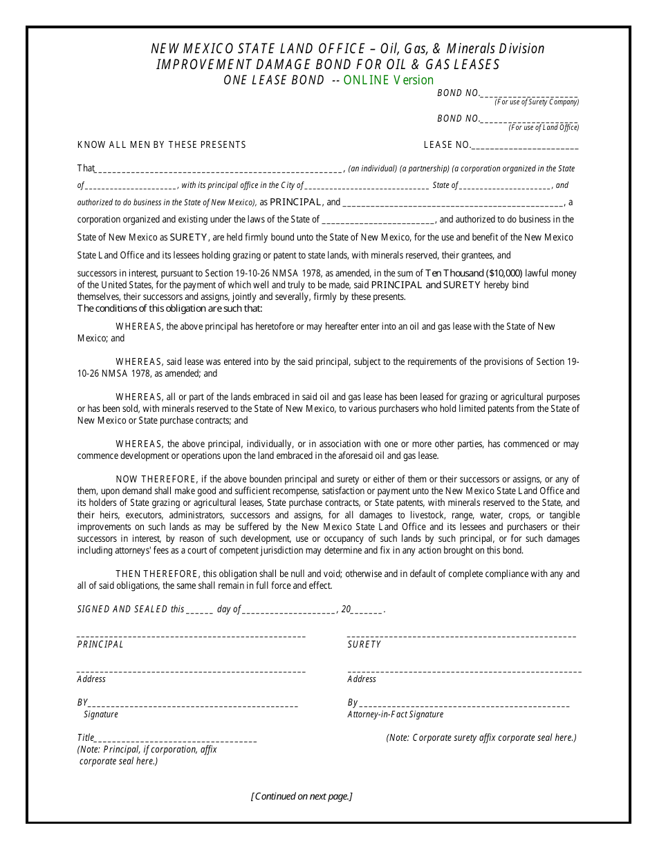 Improvement Damage Bond for Oil  Gas Leases - One Lease Bond - New Mexico, Page 1