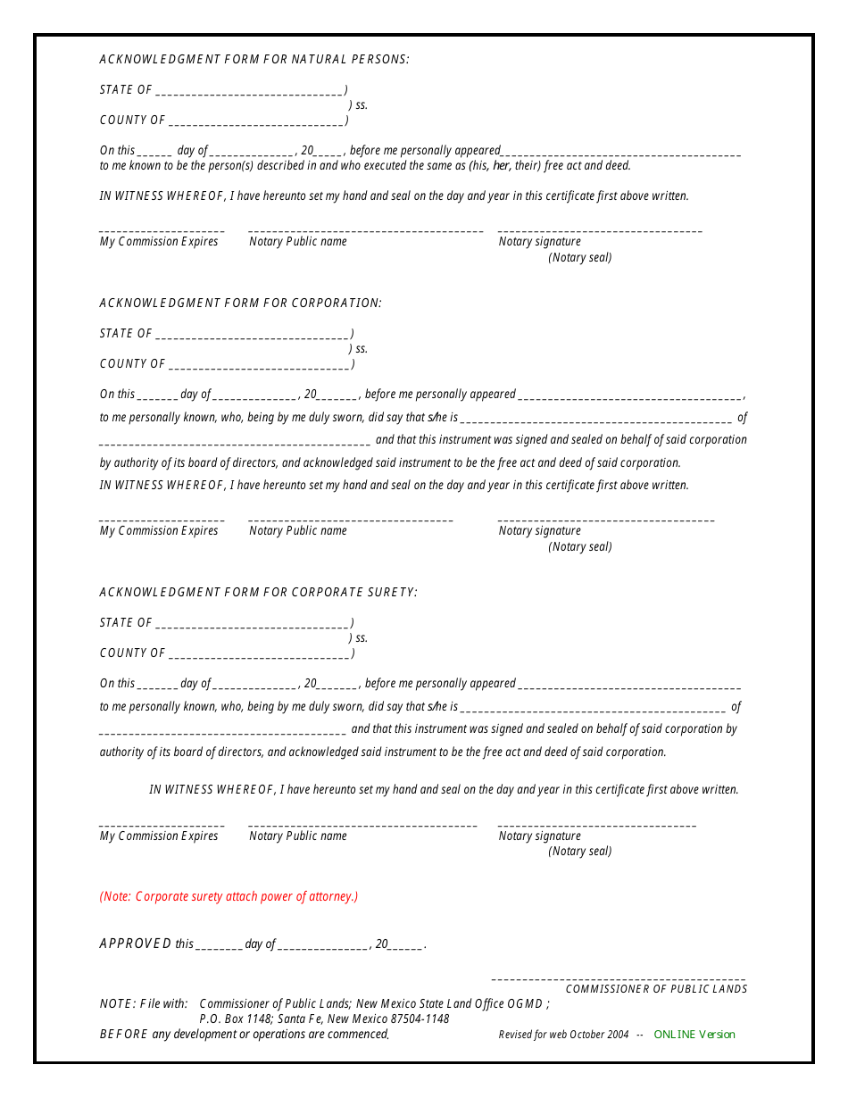 New Mexico Improvement Damage Bond for Oil & Gas Leases - One Lease ...