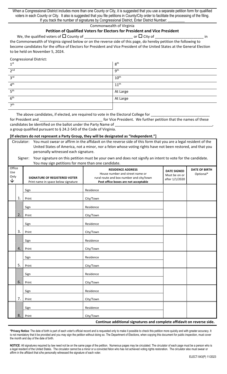 Form ELECT-543(P) Petition of Qualified Voters for Electors for President and Vice President - 8 1 / 2 X 14 Legal Size - Virginia, Page 1