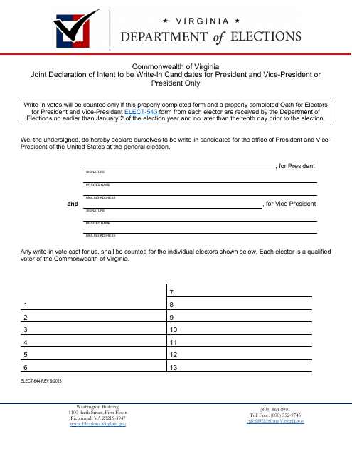 Form ELECT-644 Joint Declaration of Intent to Be Write-In Candidates for President and Vice President - Virginia