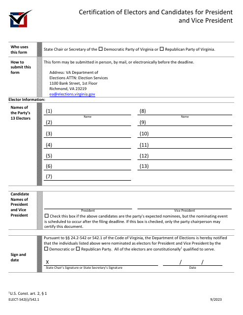 Form ELECT-542(I)/542.1 Certification of Electors and Candidates for President and Vice President - Virginia