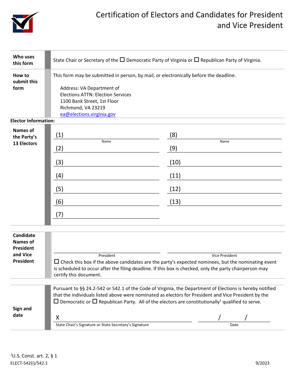 Form ELECT-542(I) / 542.1 Certification of Electors and Candidates for President and Vice President - Virginia, Page 1