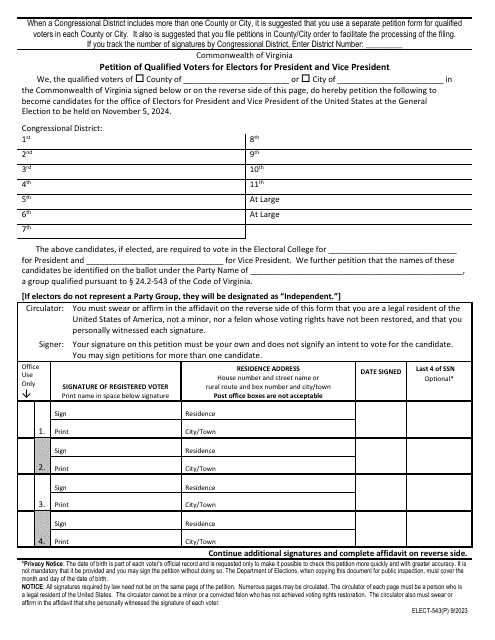 Form ELECT-543(P) Petition of Qualified Voters for Electors for President and Vice President - 8 1/2 X 11 Letter Size - Virginia, 2024