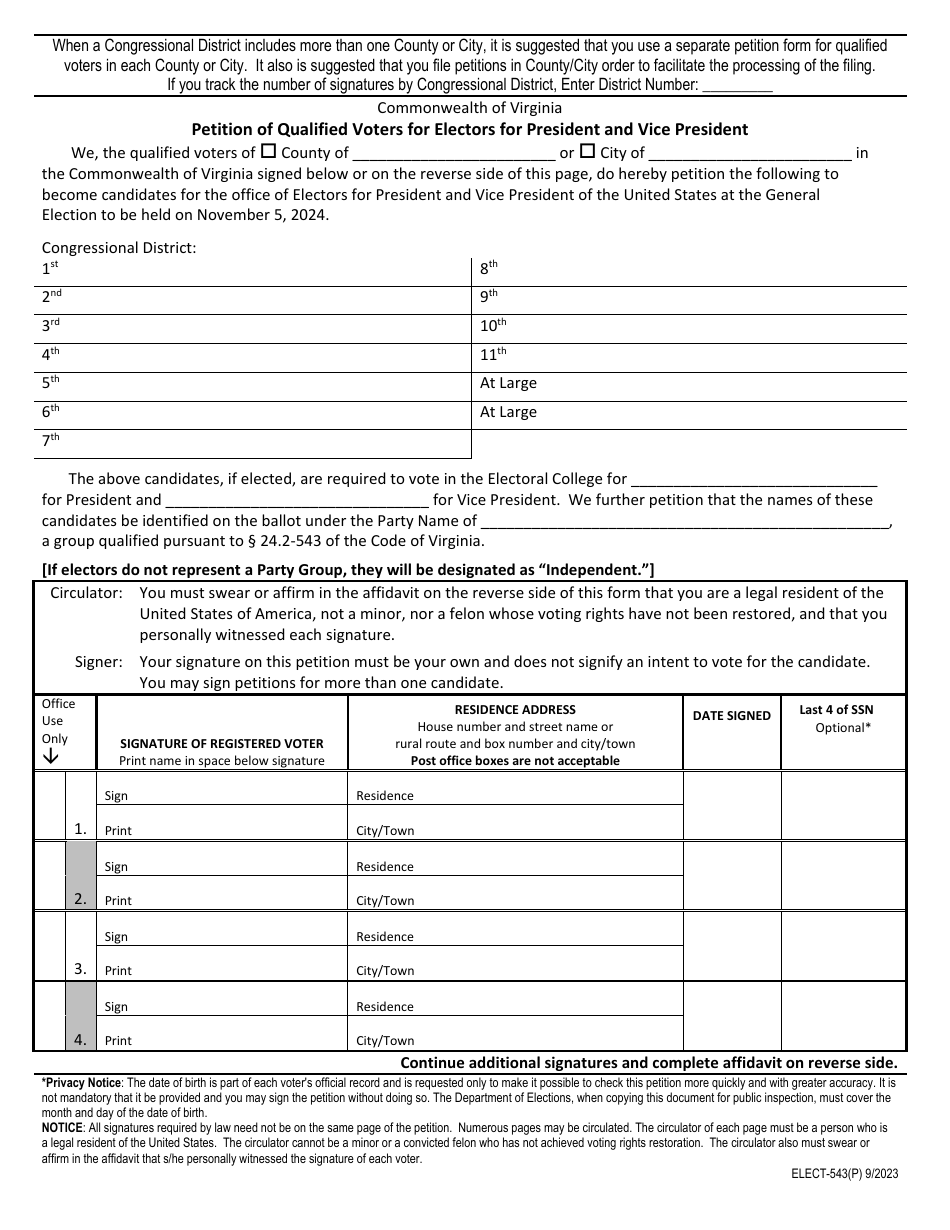 Form ELECT-543(P) Petition of Qualified Voters for Electors for President and Vice President - 8 1 / 2 X 11 Letter Size - Virginia, Page 1