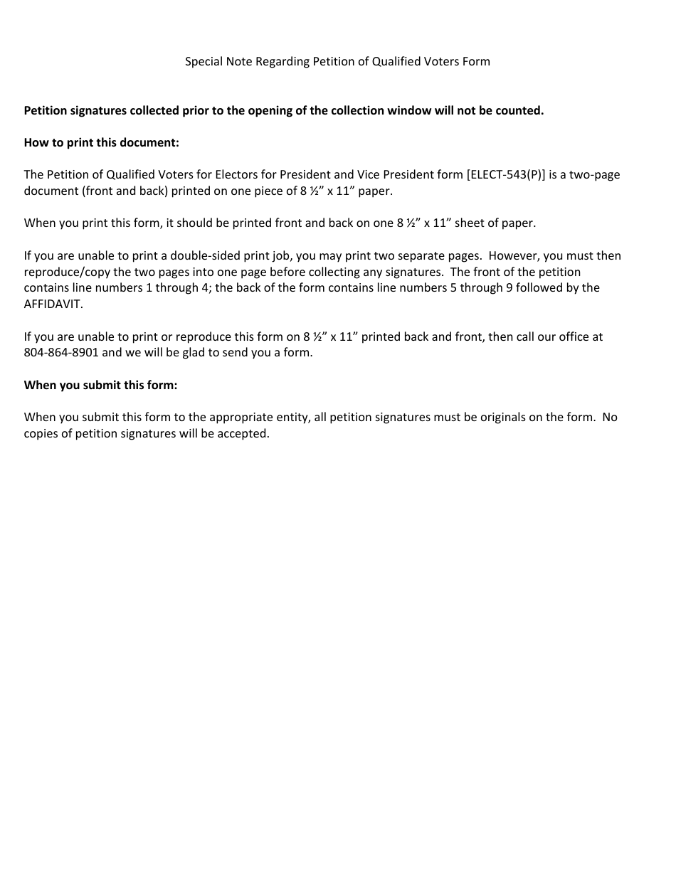 Form ELECT-543(P) Petition of Qualified Voters for Electors for President and Vice President - 8 1 / 2 X 11 Letter Size - Virginia, Page 3