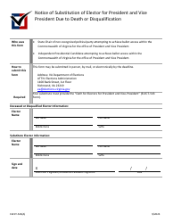 Document preview: Form ELECT-543(A) Notice of Substitution of Elector for President and Vice President Due to Death or Disqualification - Virginia