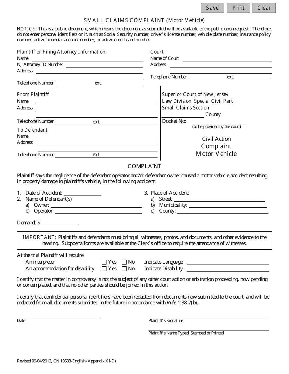 Form 10533 Appendix XI-D Small Claims Complaint (Motor Vehicle) - New Jersey, Page 1