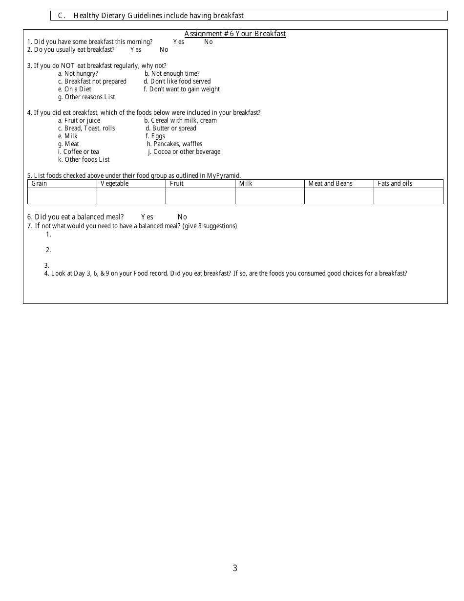 Nutrition Questionnaire Template, Page 3