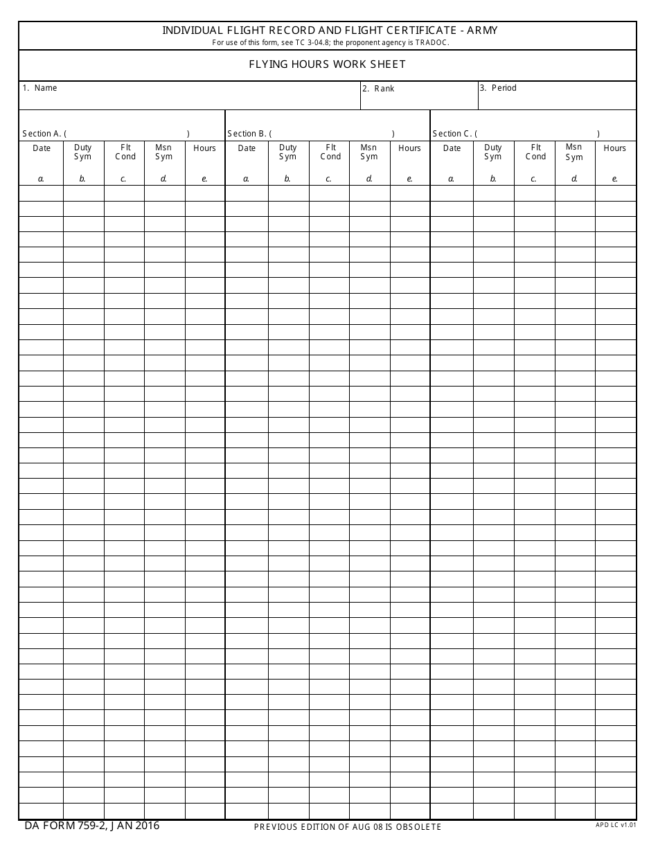 DA Form 759-2 Individual Flight Records and Flight Certificate-Army (Flying Hours Work Sheet), Page 1