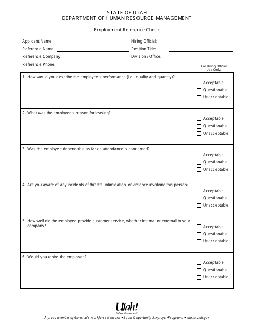 Employment Reference Check Form - Utah Download Pdf