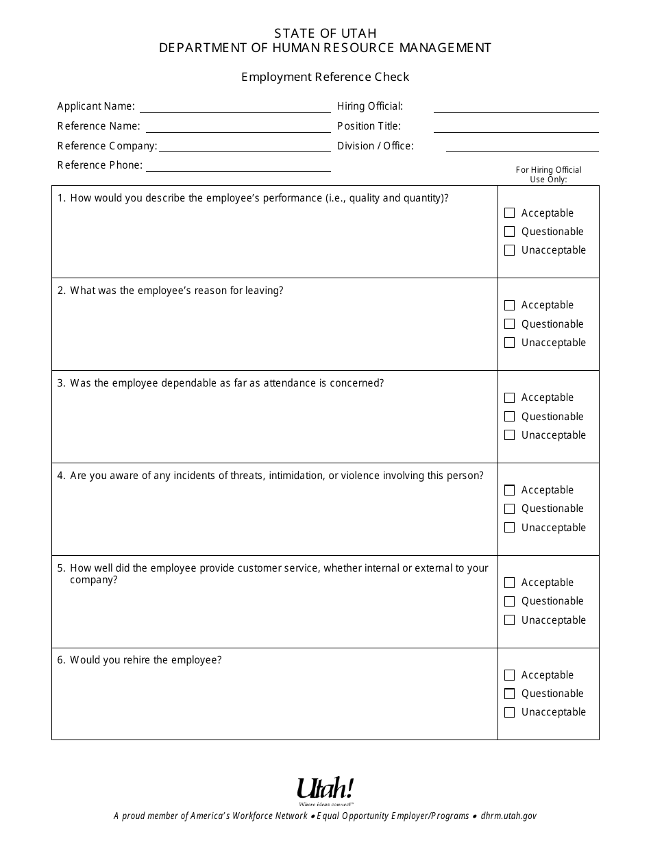 Employment Reference Check Form - Utah, Page 1