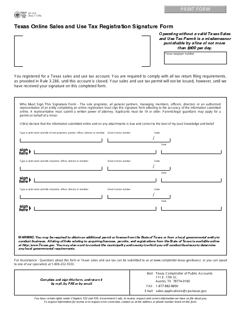 Form AP-215 Texas Online Sales and Use Tax Registration Signature Form - Texas