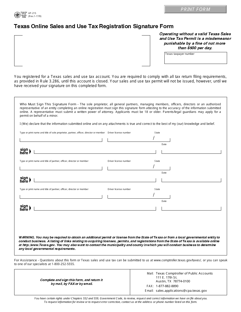 Form AP-215 Texas Online Sales and Use Tax Registration Signature Form - Texas, Page 1