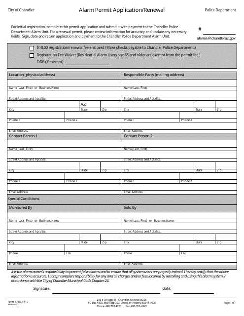 Form CPD32-110 Alarm Permit Application/Renewal - City of Chandler, Arizona