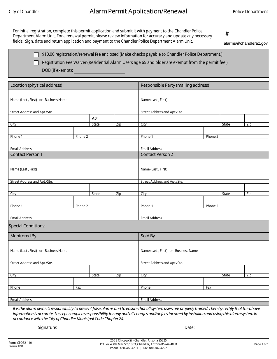 Form CPD32-110 Alarm Permit Application / Renewal - City of Chandler, Arizona, Page 1